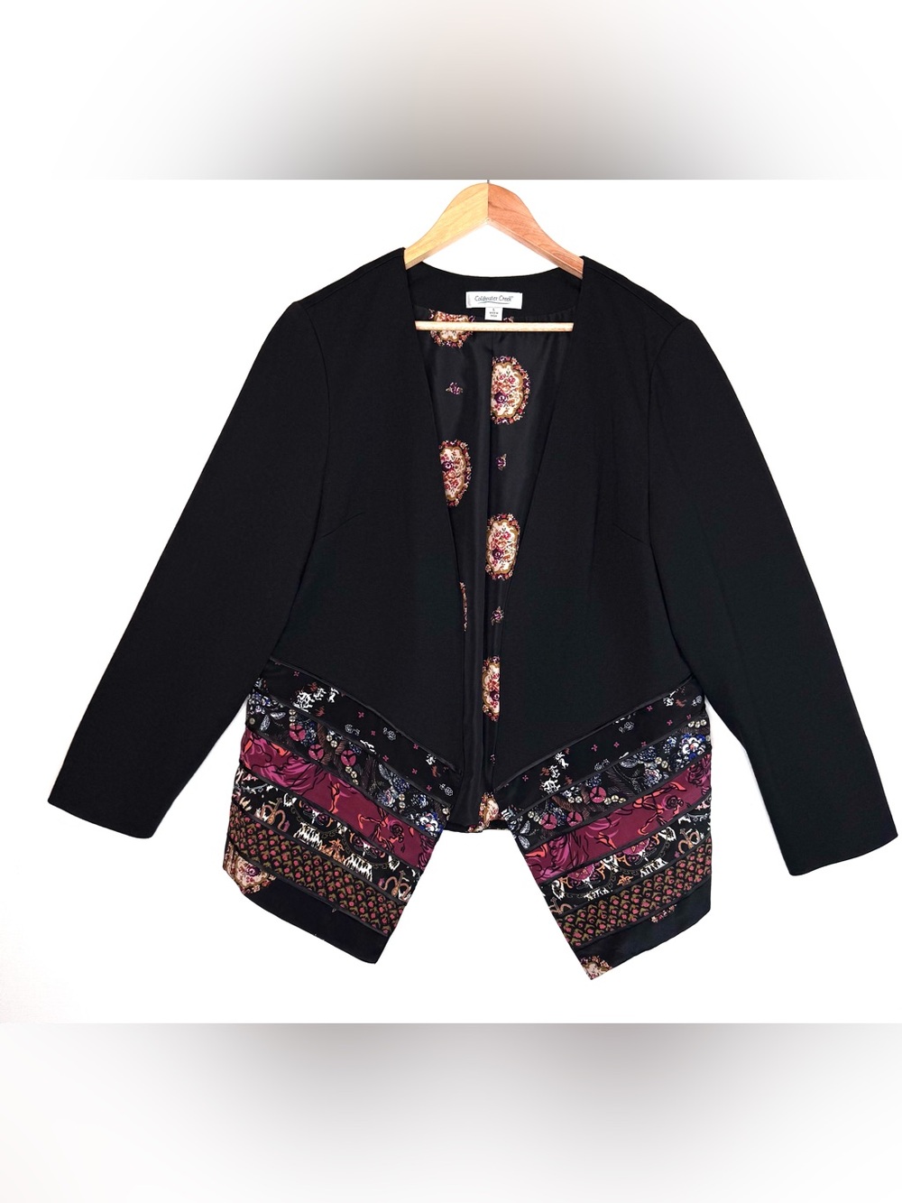 Coldwater Creek Patchwork Open Front Jacket Sz Large black floral lined tailored